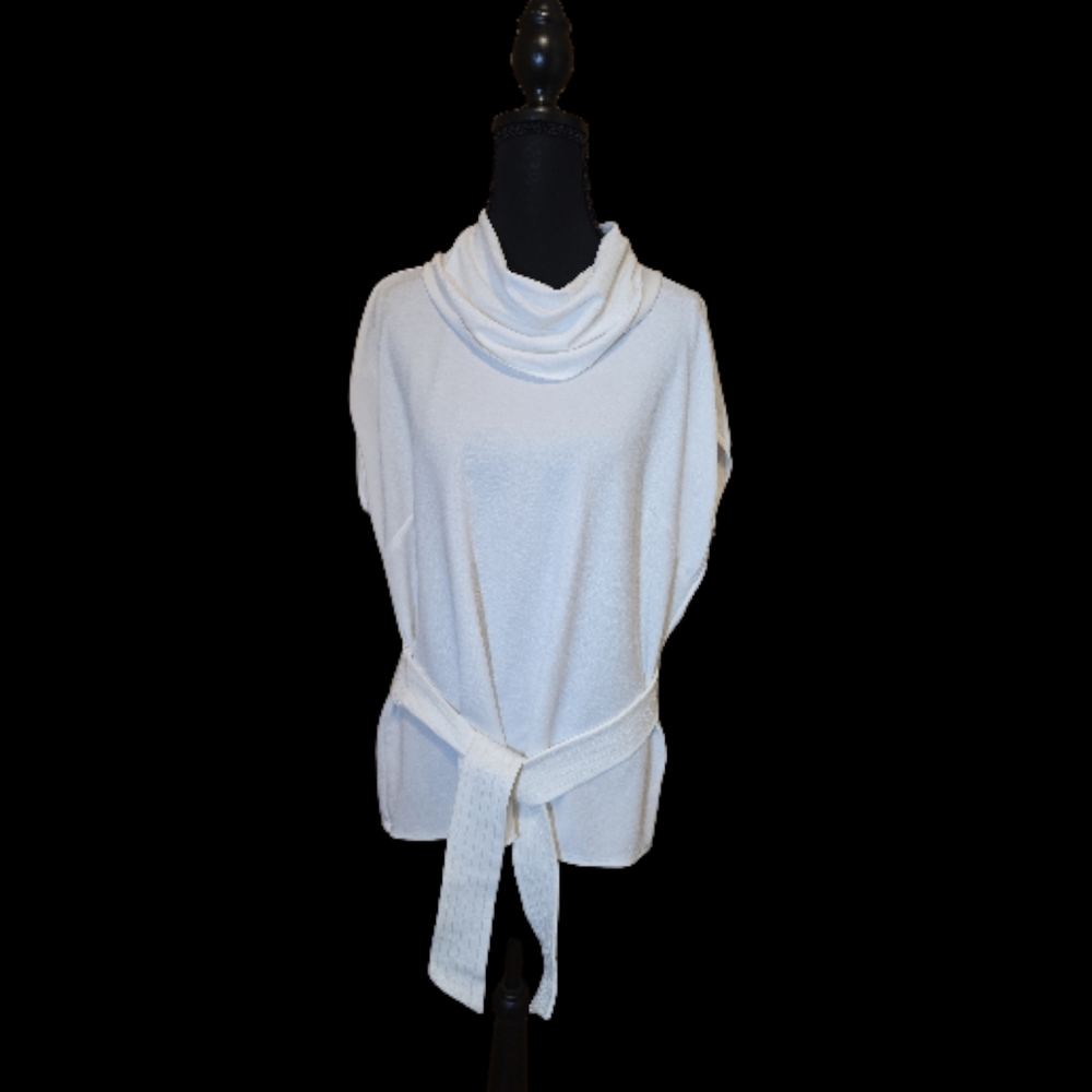 New York & Company White Short Sleeve Cowl Neck Top L